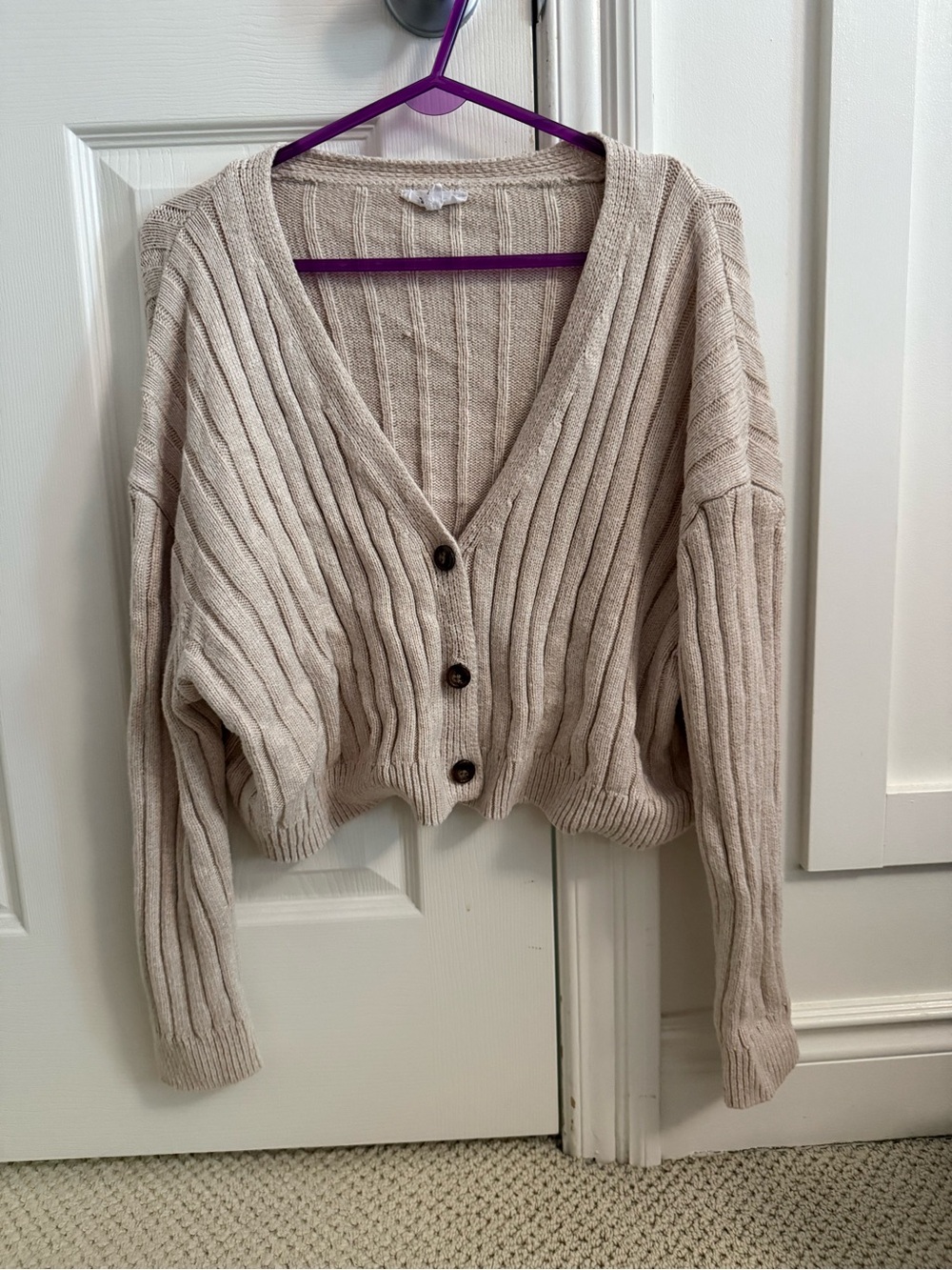 Garage Cream Ribbed V-Neck Button Front Cardigan